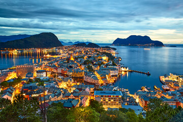 Alesund port town from the top at dusk, Norway