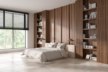Stylish bedroom interior with bed and decoration on shelf. Empty wall
