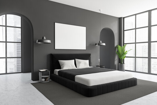 Grey bedroom interior with bed and decoration, panoramic window. Mockup frame