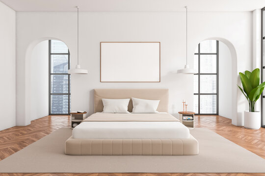 Front view on bright bedroom interior with empty white poster