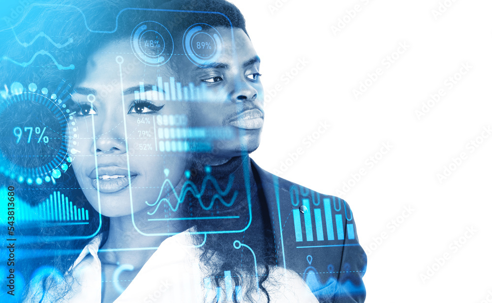 Aufkleber two business people portrait, digital chart with data statistics. copy space