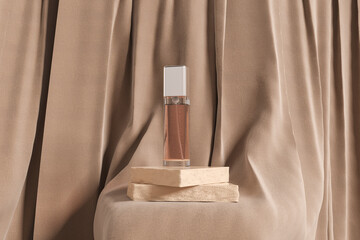 Flacon on stone platforms and brown curtains, mockup for product display