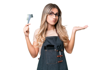 Young Uruguayan hairdresser woman over isolated background having doubts while raising hands