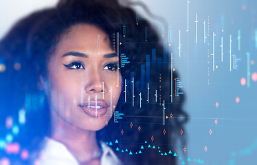 Black businesswoman, forex diagrams and stock market data with candlesticks