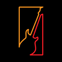 Electric guitar symbol on black backdrop. Design element