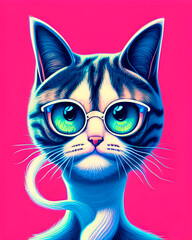Incredibly bright portrait of a cat. super cute fluffy cat, cat with glasses, sunglasses