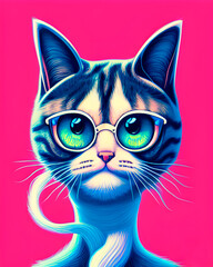 Fototapeta premium Incredibly bright portrait of a cat. super cute fluffy cat, cat with glasses, sunglasses