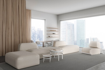 Fototapeta na wymiar Stylish living room interior with chill and dining corner, panoramic window