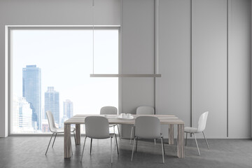 Modern living room interior with dining table and seats, panoramic window