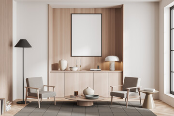 Stylish lounge interior with chairs and drawer with window. Mockup frame