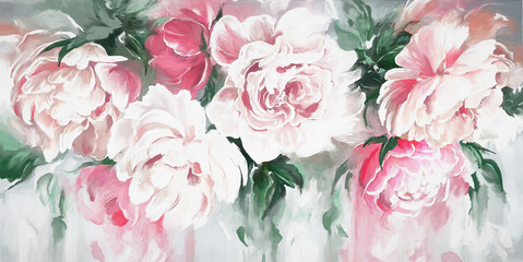 Oil painting with pink, white flower rose, peonies, leaves. Botanic print background on canvas -  floral wallpaper, triptych In Interior, artwork - obrazy, fototapety, plakaty