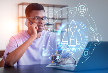 African businessman call on the phone, startup rocket hologram and helpdesk