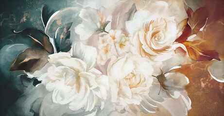 Oil painting with flower rose, gold leaves. Botanic print background on canvas -  triptych In Interior, art.
