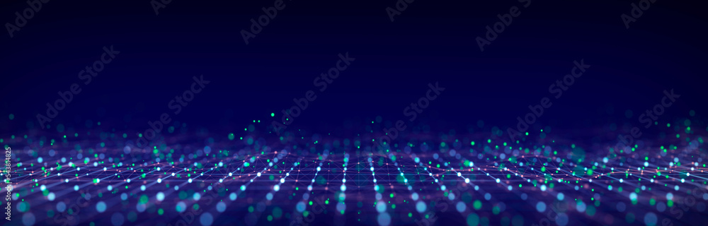 Poster Futuristic perspective grid in digital cyberspace. Flow of binary code. Network connection structure. 3D rendering.
