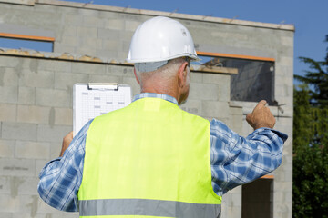 rear view of senior builder on site giving out instructions