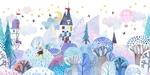 Winter landscape. Watercolor illustration. Children's poster. Fairytale winter landscape. Seamless pattern.
