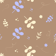 Floral seamless pattern. Violet and light yellow Leaves and flowers wallpaper on brown background. Branch with leaves texture. Flourish nature textured background.