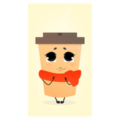 Cute female paper coffee cup with red scarf, vector flat style cartoon character. Cute smiling happy and shy icon. Take away coffee, cafe concept, warm Flat vector illustration.