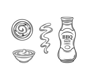 BBQ sauce outline icons set vector illustration. Line hand drawing glass bottle of barbecue with label and lid, drip splash for hot grill barbeque burger and sausage, sauce with smoked flavor in bowl