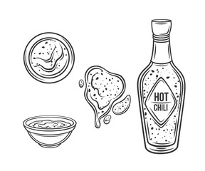 Hot chili sauce outline icons set vector illustration. Line hand drawing glass bottle of sweet and sour chilli spicy sauce, splash stain of gourmet product, bowl with chili salsa in top and side view