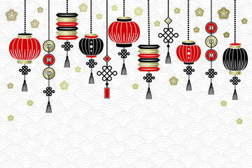 Chinese New Year background with  lanterns, coins, flowers