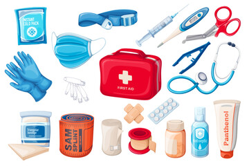 First aid kit set vector illustration. Cartoon isolated emergency medkit box collection with medical thermometer and pharmacy bottle with medicines and pills, adhesive bandage and medical tool kit