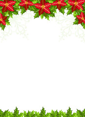 Christmas background with red poinsettia and holly leaves decoration elements.