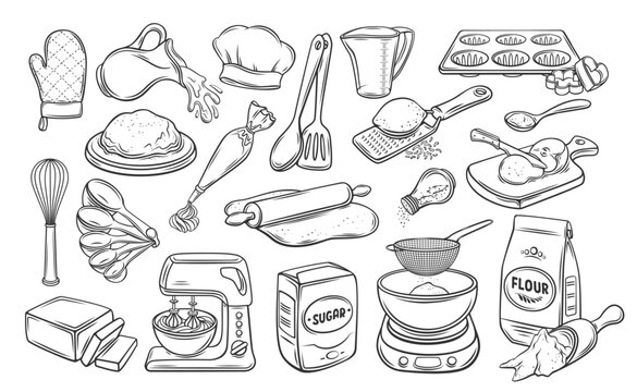 Bakery outline icons set vector illustration. Line hand drawn ingredients to bake and cook in kitchen, bakers tools to make dough and whipped cream cake, food and dessert preparation symbols
