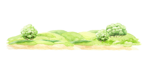 Countryside landscape with green hills, grass and bushes. Watercolor illustration. Green field, bushes, tree forming out town scene. Meadow and hills with pasture, bush background - obrazy, fototapety, plakaty