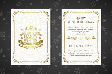 Christmas posters with golden emblems and decorations on the ornamental background.