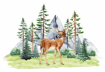 Small fawn in nature wildlife forest landscape scene. Watercolor illustration. Baby deer standing in northern forest. Deer fawn in wild nature between pines, bushes, rocky mountain range background