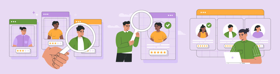 Recruitment agency concept, hiring, vector illustration set. Hr managers team work with human resources, searching new job candidates, analyzing CV, resume. Hand drawn, modern flat cartoon style.