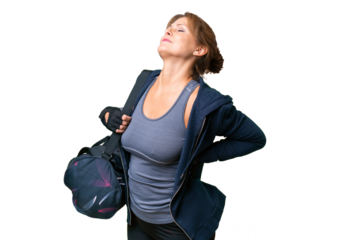 Middle-aged sport woman with sport bag over isolated background suffering from backache for having made an effort