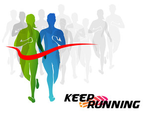 Colorful silhouettes of running people. Conceptual vector illustration of marathon. Sport background with mans and womans in active lifestyle.