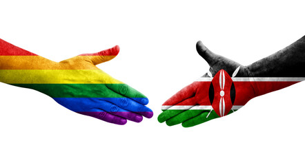 Handshake between Kenya and LGBT flags painted on hands, isolated transparent image.