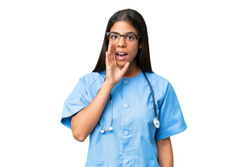 Young African american nurse woman over isolated background shouting and announcing something