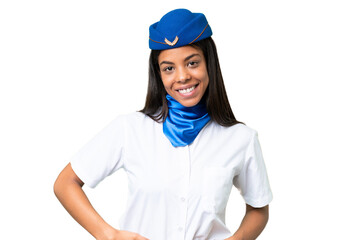Airplane stewardess African american woman over isolated background posing with arms at hip and smiling