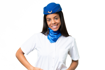 Airplane stewardess African american woman over isolated background posing with arms at hip and smiling
