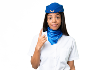 Airplane stewardess African american woman over isolated background pointing with the index finger a great idea