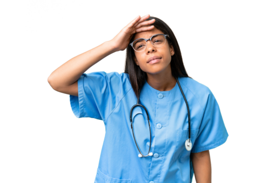 Young African american nurse woman over isolated background looking far away with hand to look something