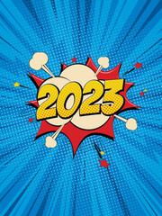 Happy new year 2023 comic greetings card with lightning blast.