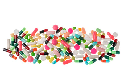 Top view, Many different colorful pills and tablets isolated on white background. Concept of pharmaceuticals, medicine and healthcare with copy space.