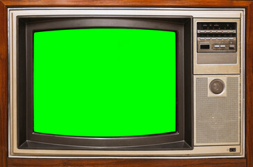 Front view, classic, vintage old TV with green screen, close up