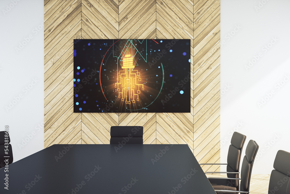 Poster creative light bulb illustration with microcircuit on tv display in a modern presentation room, futu