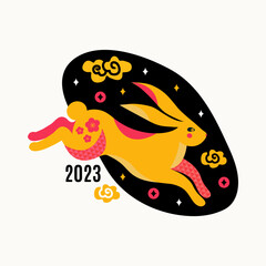 Happy new year greeting card 2023. Chinese zodiac Rabbit symbol. Jumping, running bunnie. Mid Autumn Festival or Chinese Lunar new year. Moon Hare on starry sky. Colorful flat vector illustrations.