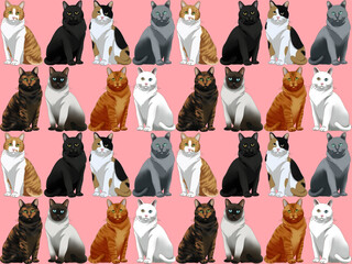 ピンク地に8匹の猫のシームレスパターン