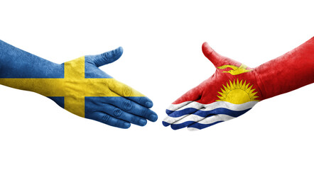 Handshake between Kiribati and Sweden flags painted on hands, isolated transparent image.