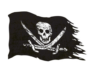 Flying classic Jolly Roger flag old dirty torn