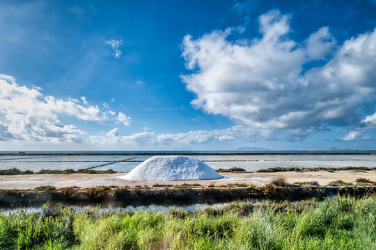 Salt pans saltworks between Marsala and Trapani on Sicily in Italy