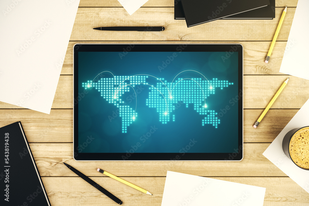 Poster abstract creative world map with connections on modern digital tablet screen, international trading 